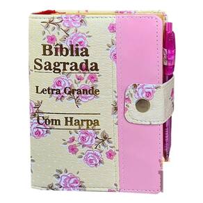 Bíblia Letra Grande Sagrada Com Caneta Tecido Harpa Floral