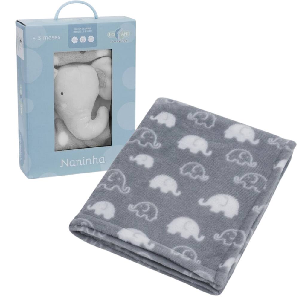 Kit Infantil Baby Manta Fofy com Naninha Elefante Pelúcia Cobertorzinho - Loani