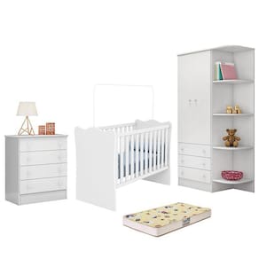 Dormitório Infantil Doce Sonho 2 Portas, Cômoda 4 Gavetas, Berço e Colchão - Qmovi
