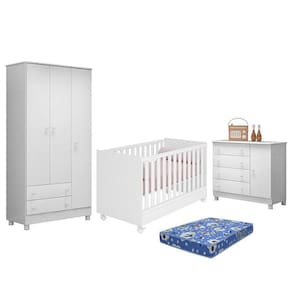 Dormitório Doce Sonho 3 Portas, Cômoda 1 Porta, Berço Mini Cama com Rodízio e Colchão - Qmovi
