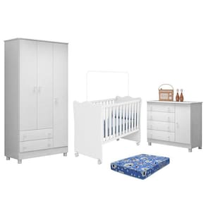 Dormitório Doce Sonho 3 Portas, Cômoda 1 Porta, Berço com Rodízio e Colchão - Qmovi