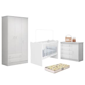 Dormitório Infantil Doce Sonho 3 Portas, Cômoda 1 Porta, Berço e Colchão - Qmovi