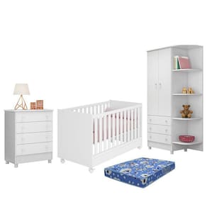 Dormitório Doce Sonho 2 Portas, Cômoda 4 Gavetas, Berço Mini Cama com Rodízio e Colchão - Qmovi