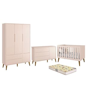 Dormitório Infantil Theo Retrô 3 Portas, Cômoda 1 Porta, Berço com Pés Amadeirado e Colchão D18 - Reller Móveis