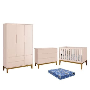 Dormitório Infantil Classic 3 Portas, Cômoda 6 Gavetas, Berço com Pés Amadeirado e Colchão - Reller Móveis