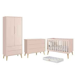 Dormitório Completo Infantil Theo 2 Portas, Cômoda 6 Gavetas, Berço com Pés Madeira Naturale Colchão D18 - Reller Móveis
