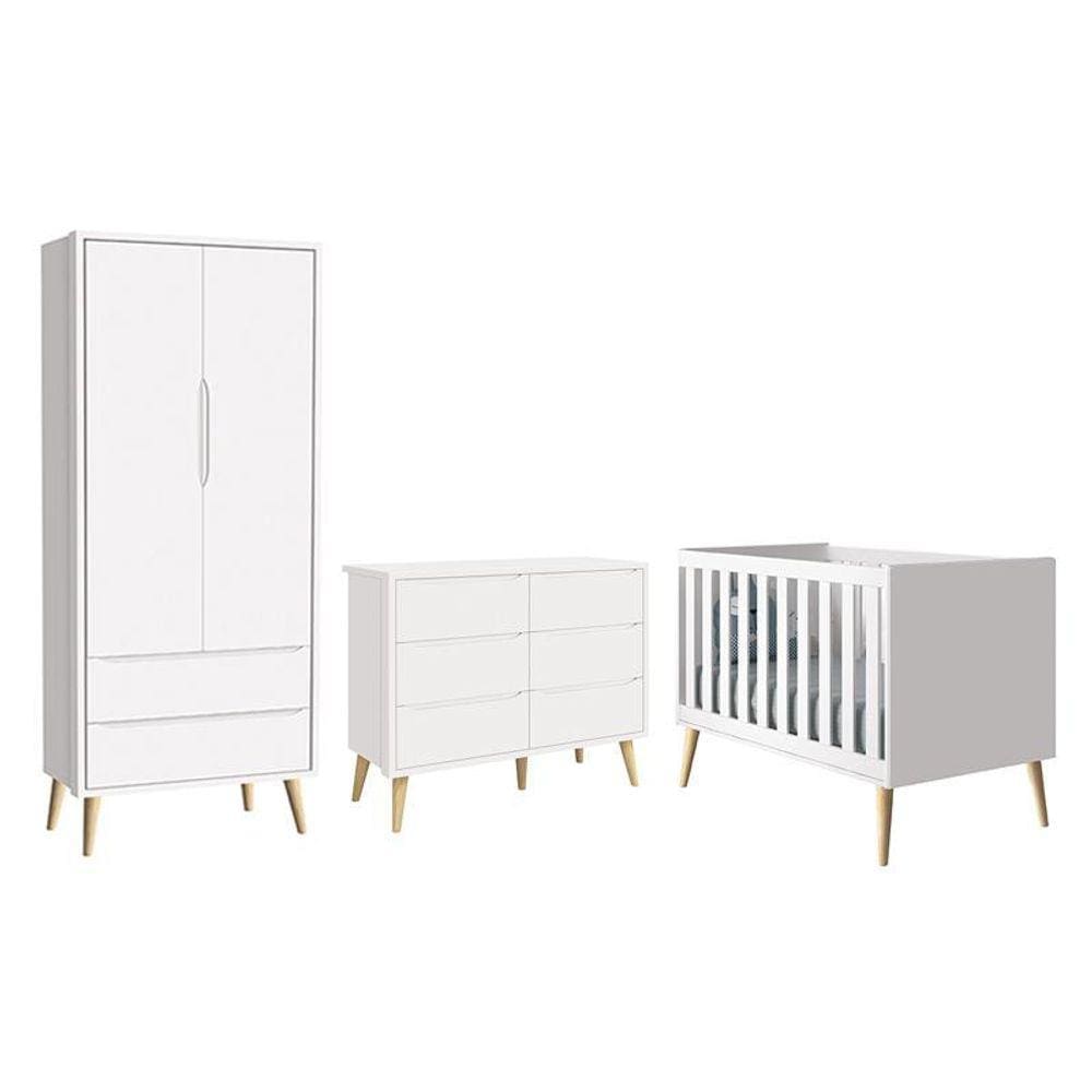 Dormitório Completo Infantil Theo 2 Portas, Cômoda 6 Gavetas e Berço com Pés Madeira Natural- Reller Móveis