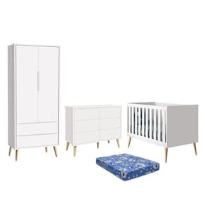 Dormitório Theo 2 Portas, Cômoda 6 Gavetas, Berço com Pés Madeira Natural e Colchão - Reller Móveis