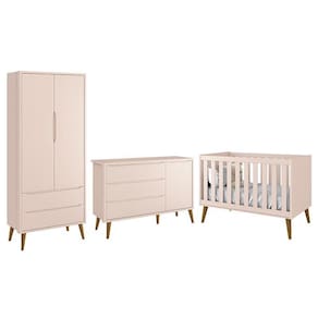 Dormitório Infantil Theo Retrô 2 Portas, Cômoda 1 Porta e Berço com Pés Amadeirado - Reller Móveis