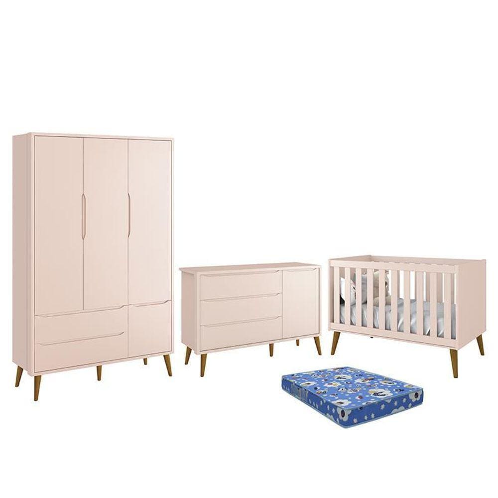 Dormitório Infantil Theo Retrô 3 Portas, Cômoda 1 Porta, Berço com Pés Amadeirado e Colchão - Reller Móveis