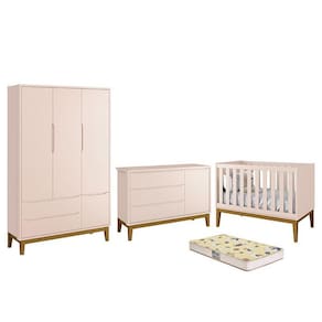 Dormitório Infantil Classic 3 Portas, Cômoda 1 Porta, Berço com Pés Amadeirado e Colchão D18 - Reller Móveis