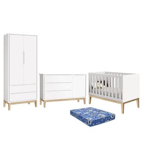 Dormitório Infantil Classic 2 Portas, Cômoda 1 Porta, Berço com Pés Madeira Natural e Colchão - Reller Móveis