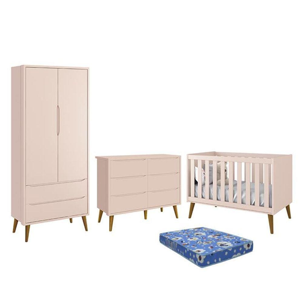 Dormitório Theo 2 Portas, Cômoda 6 Gavetas, Berço com Pés Amadeirado e Colchão - Reller Móveis