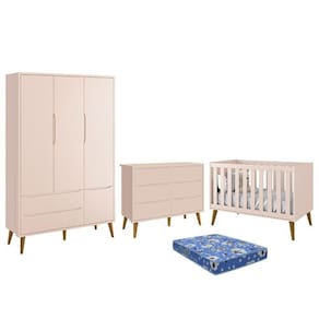 Dormitório Theo 3 Portas, Cômoda 6 Gavetas, Berço com Pés Amadeirado e Colchão - Reller Móveis