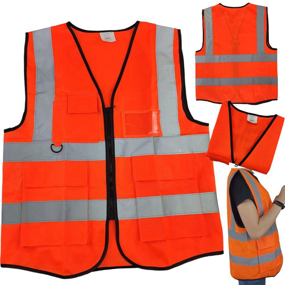 Colete Sinalizador Faixa Refletiva Obra EPI Segurança Trabalho Blusao Fluorescente Transito Construçao Bolso Ziper Resistente Porta Cracha Caneta