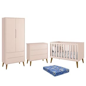 Dormitório Infantil Theo Retrô 2 Portas, Cômoda, Berço com Pés Amadeirado e Colchão - Reller Móveis