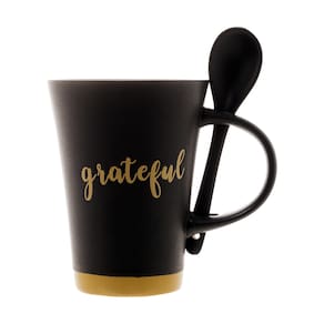 Caneca de Cerâmica Grateful Preta 310ml com Colher