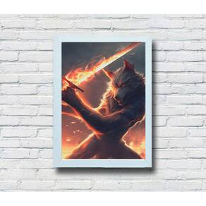 Quadro Decorativo MDF Lobo Com Espada Flamejante
