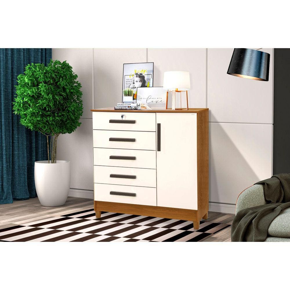 Cômoda Com Chave Vitória 1 Porta E 5 Gavetas Cor Nature E Off White - Rud Rack