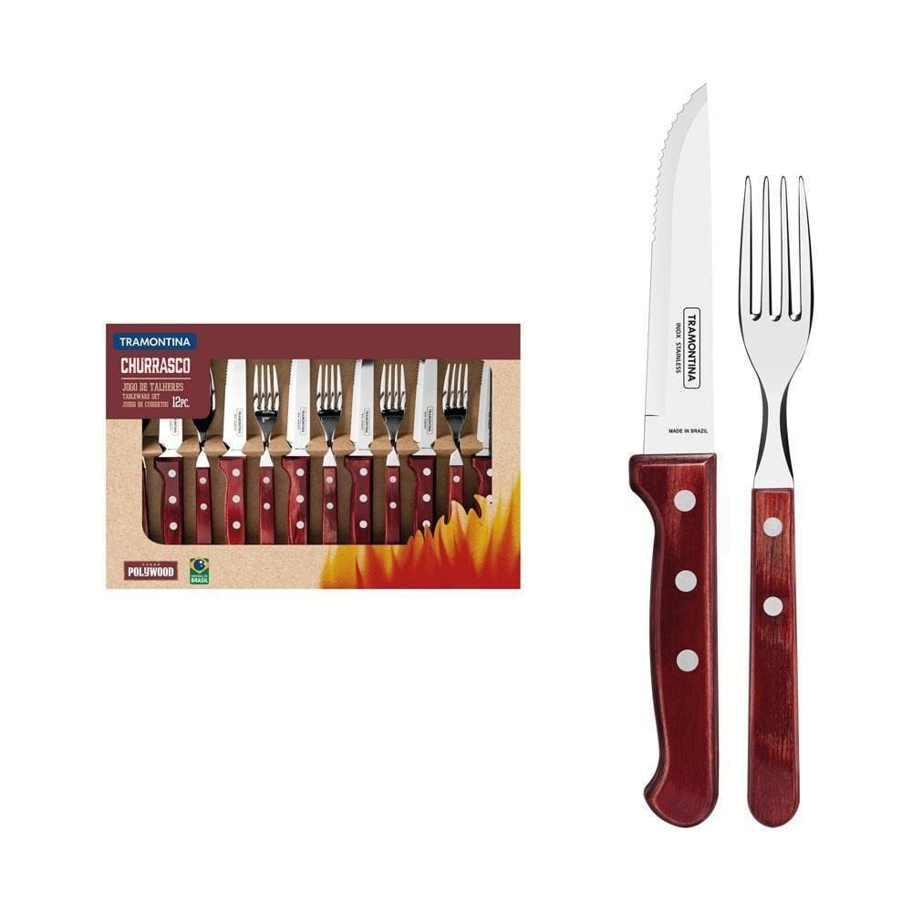 Jogo De Talheres Para Churrasco Aço Inox Com Cabo Vermelho Polywood 12 Peças - Tramontina 21198776