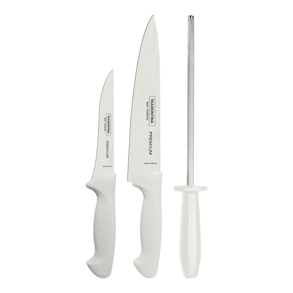 Jogo Facas Lamina Inox Premium Profissional Cabo Branco 3 Peças Com Chaira - Tramontina 24499812