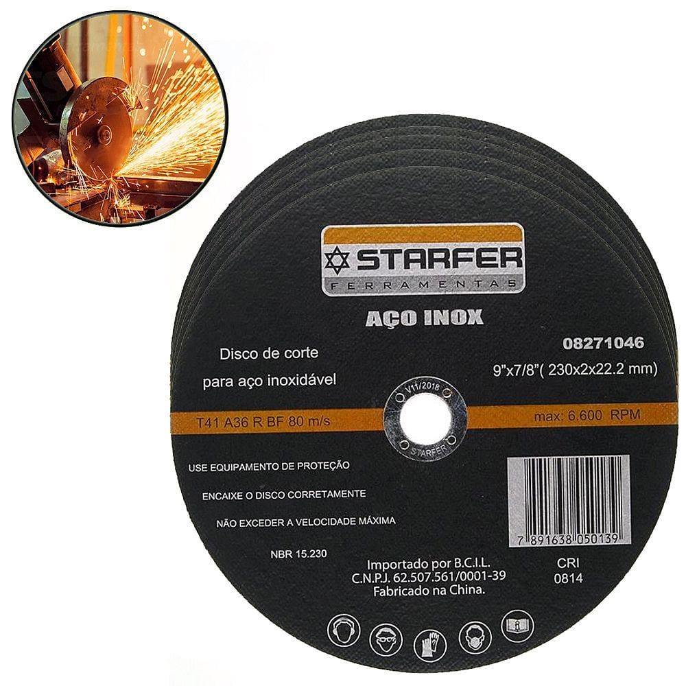 Kit 5 Disco de Corte Aço Inoxidavel Corte Preciso 9x7/8 Polegadas - Starfer