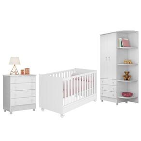 Dormitório Infantil Doce Sonho 2 Portas, Cômoda 4 Gavetas e Berço Mini Cama com Rodízio - Qmovi