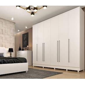 Quarto de Casal Roupeiro 6 Portas Portugal com Pés, Cama Casal Queen, Cabeceira e Cômoda 5 Gavetas  Neve