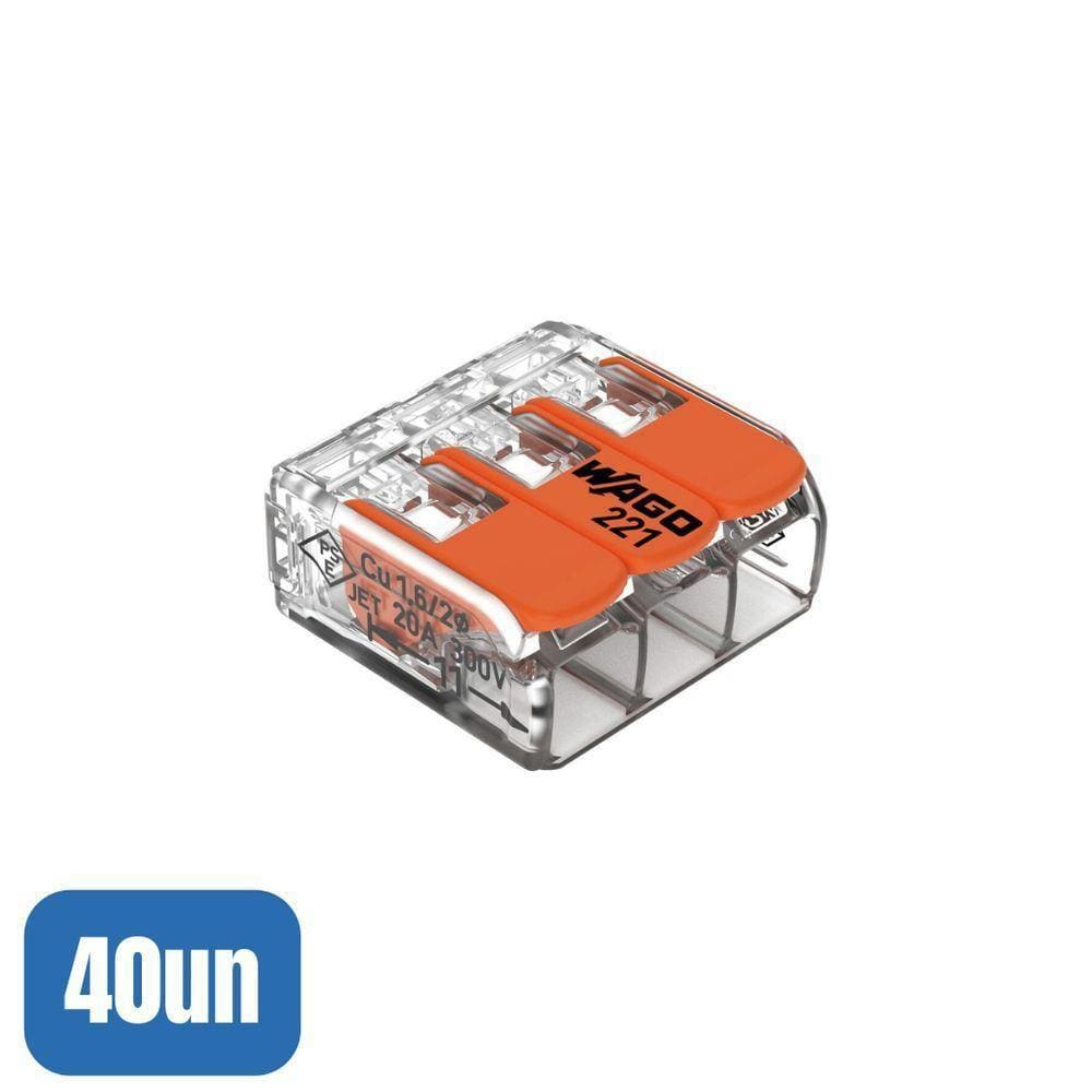 40 Conectores Emenda 4mm 3 Polos 221-413 - Wago