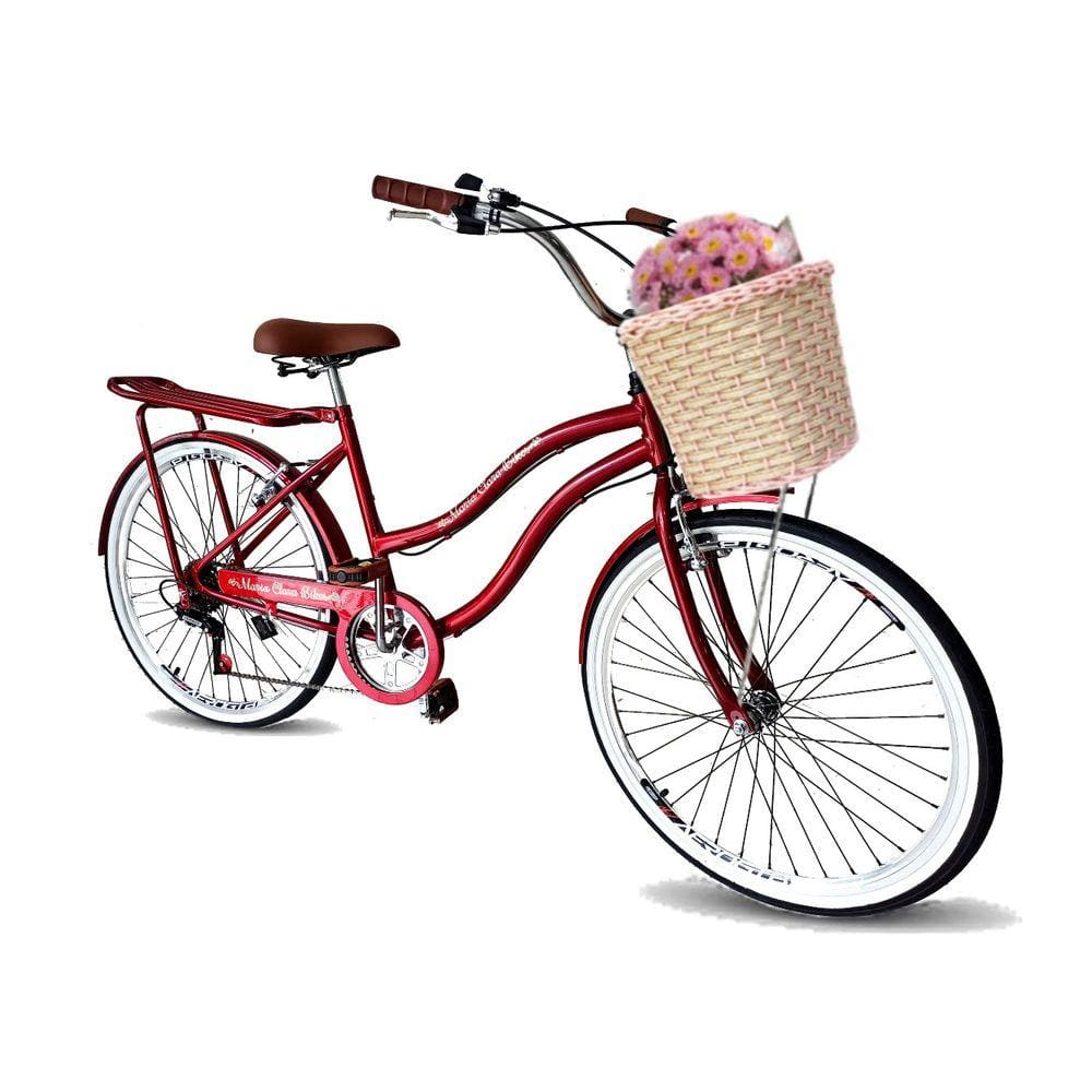 Bicicleta aro 26 feminina retrô com cesta tipo vime 6marchas