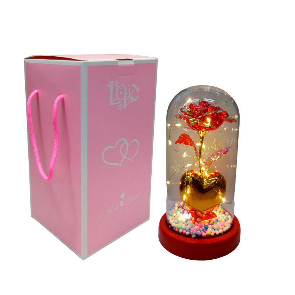Enfeite Rosa e Coração Na Redoma de Vidro Led Decorativo