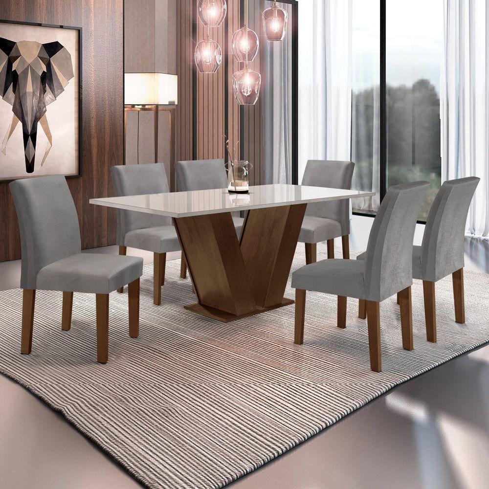 Conjunto Sala de Jantar Mesa 160x80cm Tampo MDF/Vidro com 6 Cadeiras Espanha Yescasa Chocolate/Suede Cinza