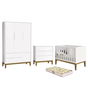 Dormitório Infantil Classic 3 Portas, Cômoda, Berço com Pés Amadeirado e Colchão D18 - Reller Móveis