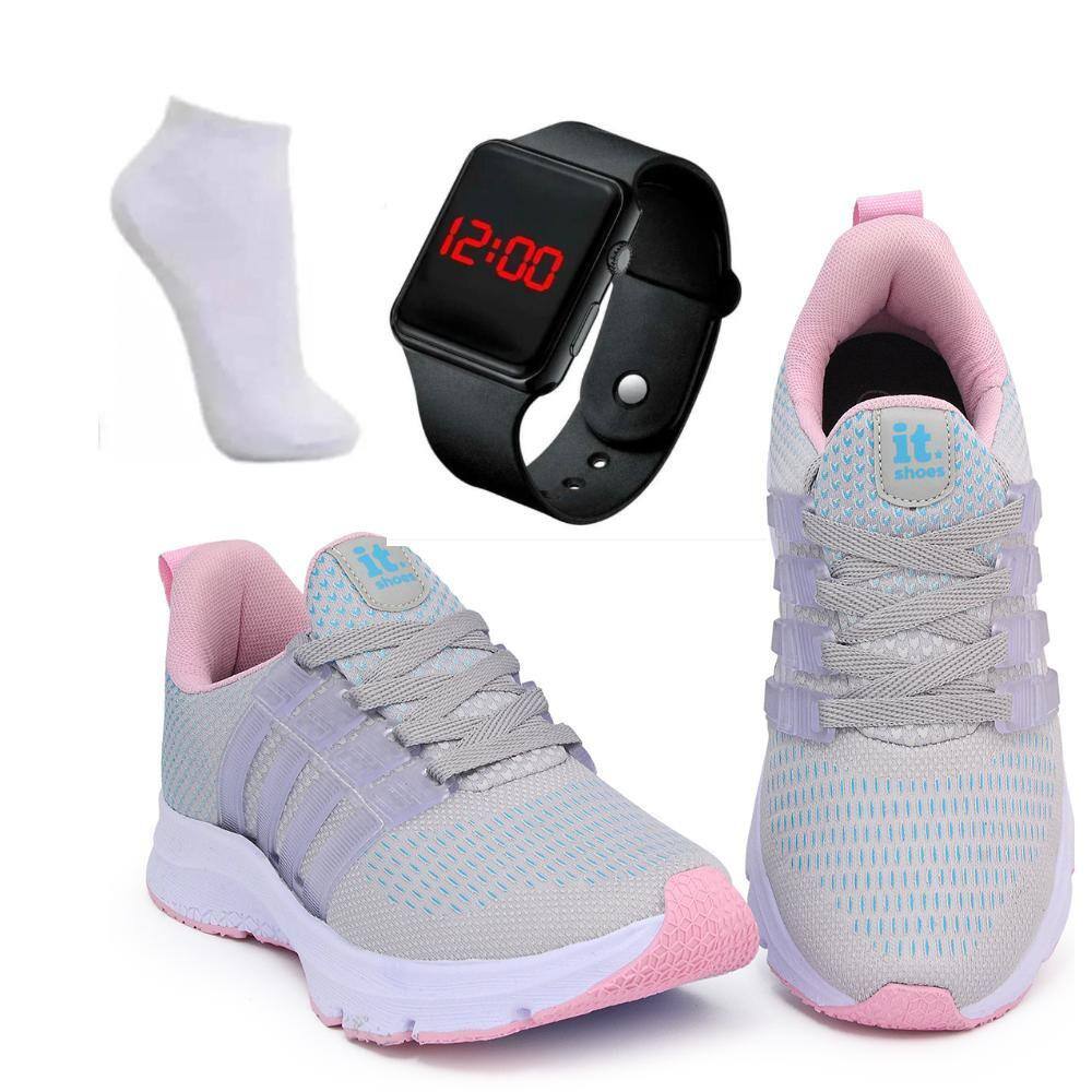 Kit Tênis Academia Feminino + Relógio Digital LED + Meia - 36 - Rosa Claro