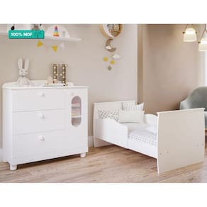 Quarto de Bebê com Berço Mini Cama Conforto e Cômoda 1 Porta 3 Gavetas Fofura Permobili Branco