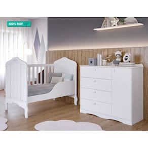 Quarto de Bebê com Berço Mini Cama Harmonia e Cômoda 1 Porta 4 Gavetas Encanto Permobili Branco