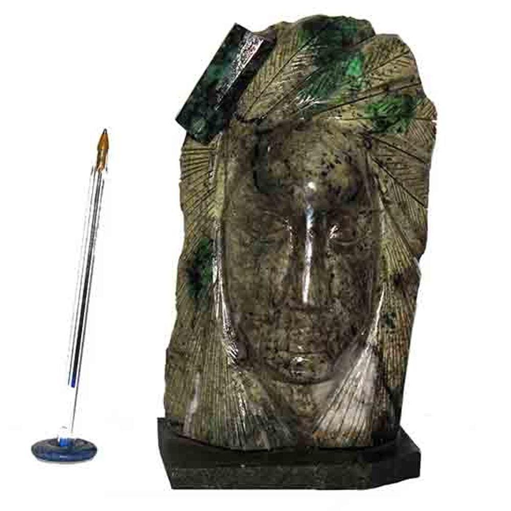 Busto de Artesanato Rosto Esculpido Esmeralda no Xisto 20cm