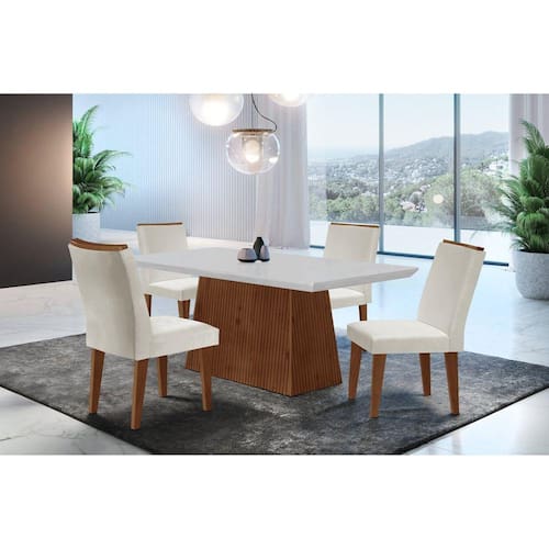 Conjunto Sala de Jantar Mesa Tampo em MDF 4 Cadeiras Rufato Off White/Imbuia - Marrom