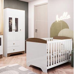 Quarto de Bebê Guarda Roupa com Janelas Retângulo e Berço Americano 100% MDF 100% MDF Ayla Branco Brilho/Carvalho
