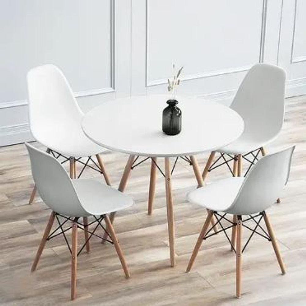 Conjunto de Mesa de Jantar Eames Eiffel Redonda 90cm Tampo de Madeira Branco com 4 Cadeiras Brancas