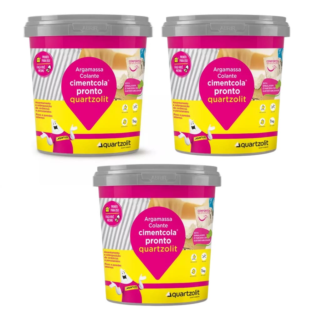 Kit 3 Cimento Cola Pronto Pratico Facil Cimentcola 1Kg Quartzolit