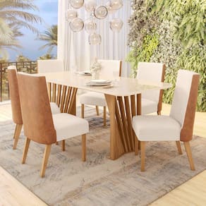 Conjunto Sala de Jantar Mesa Tampo MDF/Vidro com 6 Cadeiras Milena Marrom/Off White/Linho