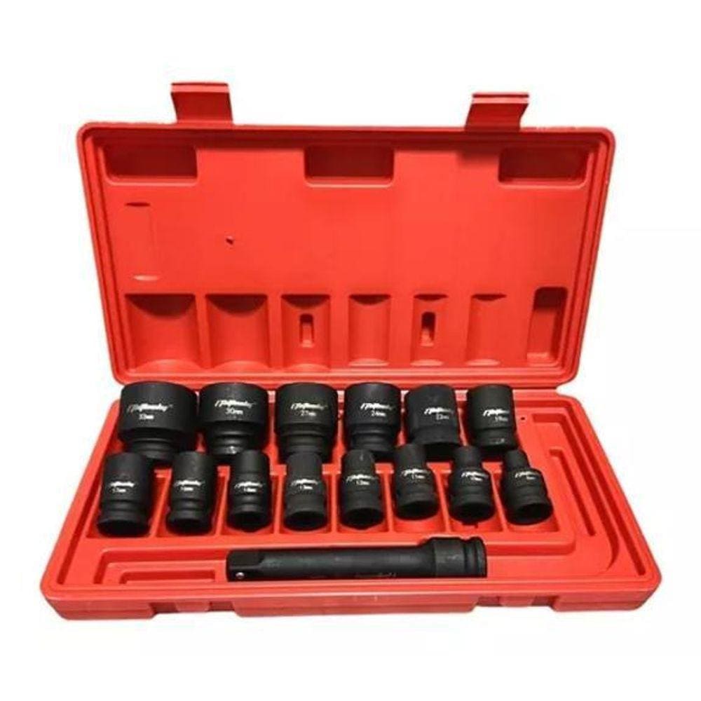 Jogo De Soquete De Impacto 15Pcs 8-32Mm Com Extensão 1/2