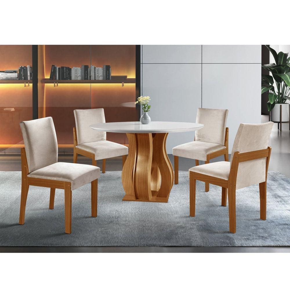 Conjunto Sala de Jantar Mesa Nuance 110cm Redonda Tampo Vidro/MDF com 4 Cadeiras Monaco Yescasa Castanho Cinamomo/Bege