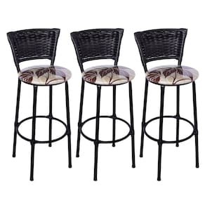 Kit 3 Banquetas Altas Preta com Encosto Junco Preto Assento Floral Marrom
