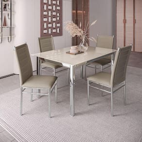 Conjunto Sala de Jantar Mesa Dubai Tampo Vidro com 4 Cadeiras Tokio Cromado/Off White