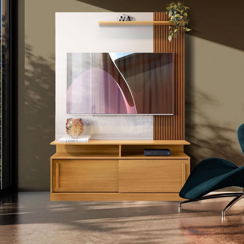 Rack Com Painel Ripado TV Até 60 Polegadas Marrom Off White Perolizado Charme Shop JM - Marrom