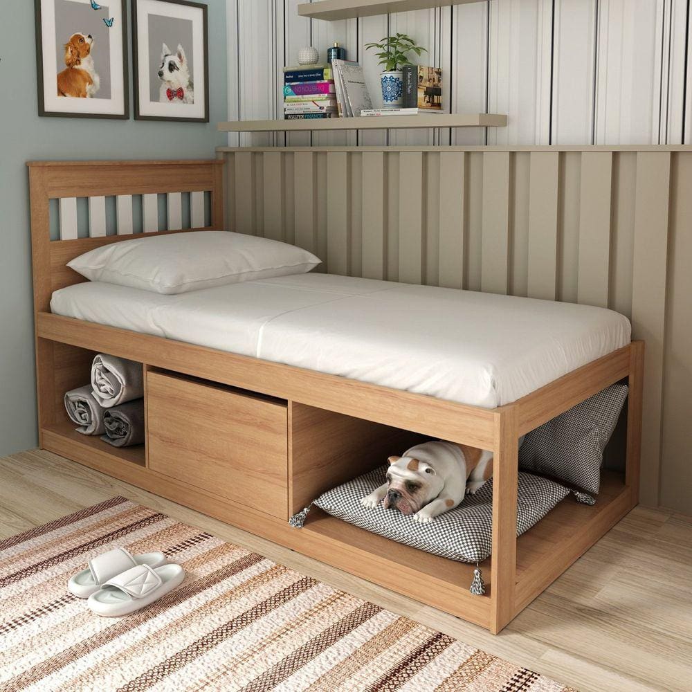 Cama Solteiro com Nichos e Baú CM8037 Amêndoa/Branco
