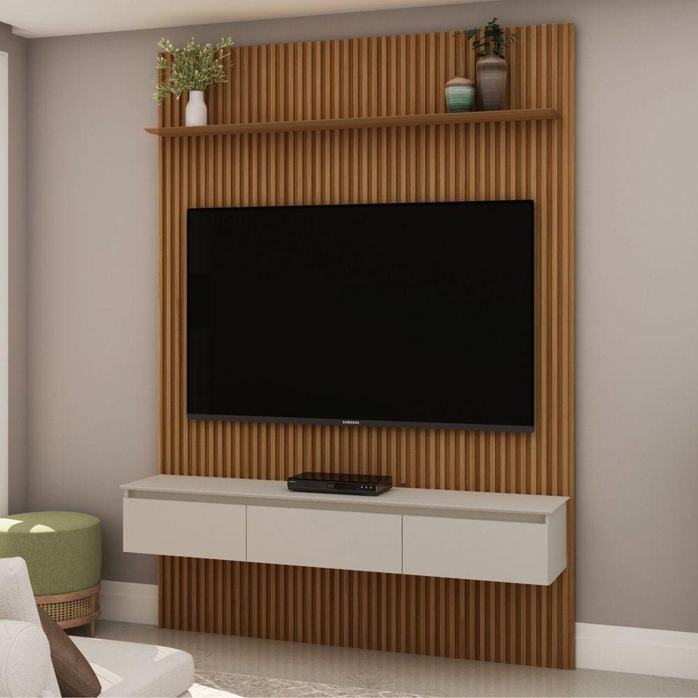 Rack com Painel Ripado Para TV até 55 Polegadas 2 Gavetas Prateleira MDF Vik Camaru/Perola