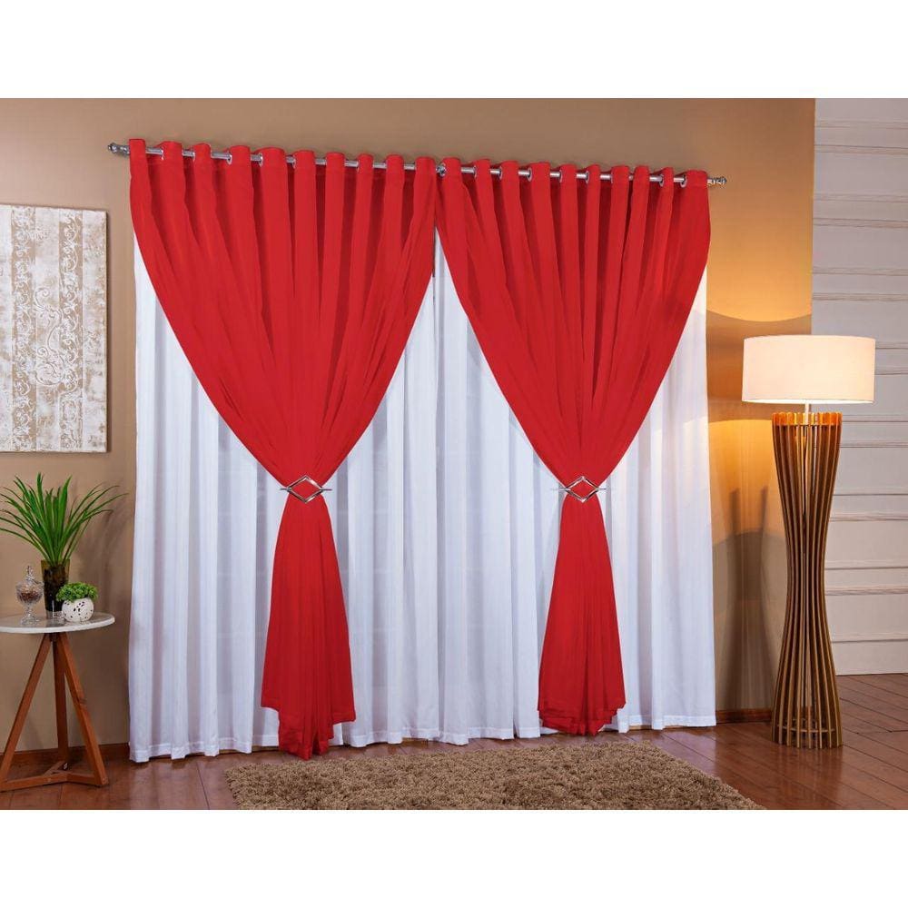 Cortina Voil Forro Microfibra Sala 7,00X2,40 Branco/Vermelho